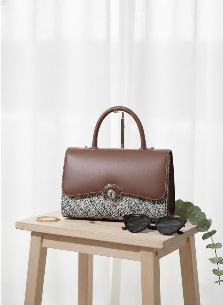 FUMES Mud brown Women’s Handbag – Smooth Finish with Patterned Fabric Panel, Structured Top Handle & Chain Strap, Elegant Office & Evening Bag - Image 3